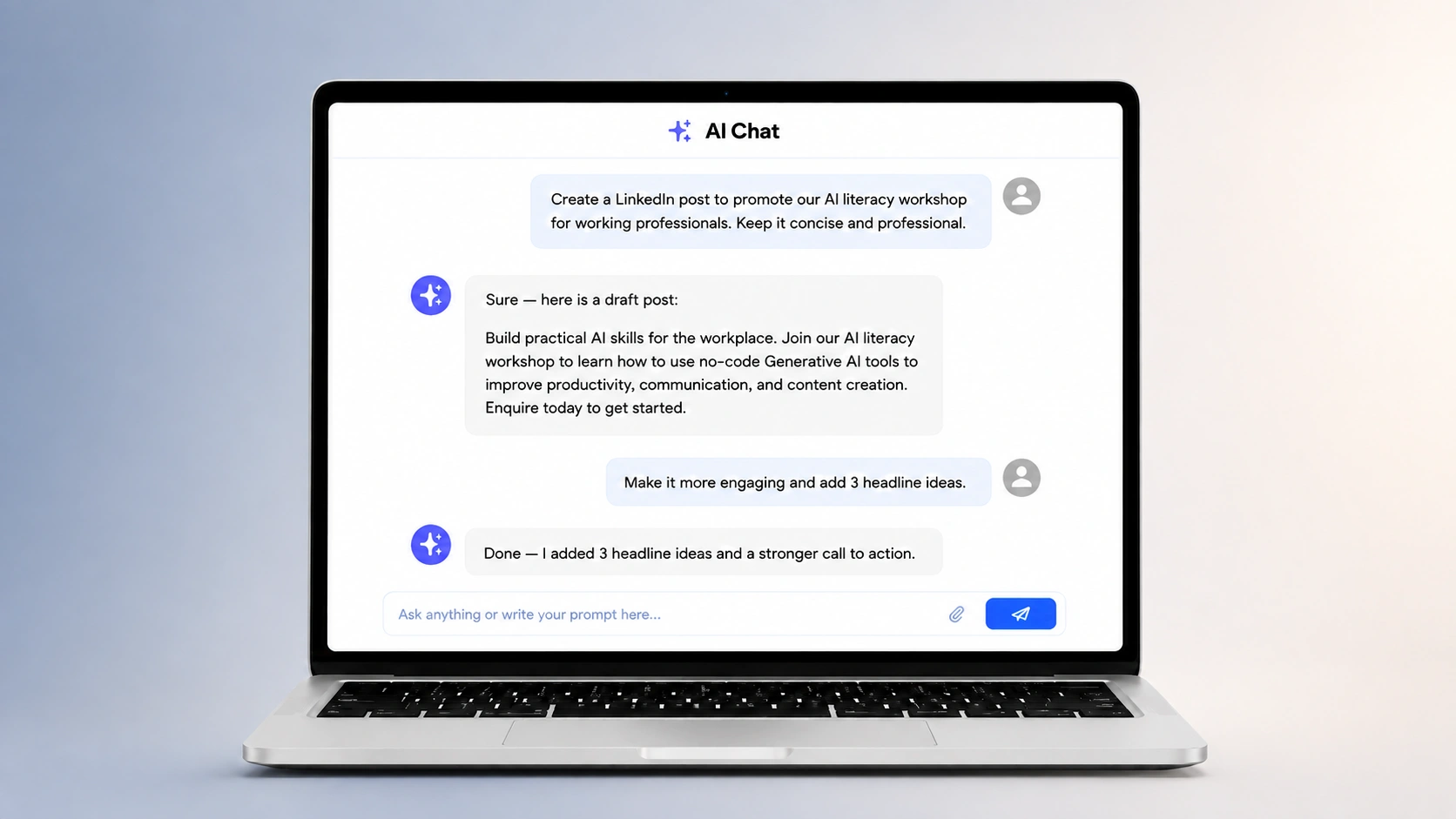 Generative AI Course example showing AI used to create workplace content.